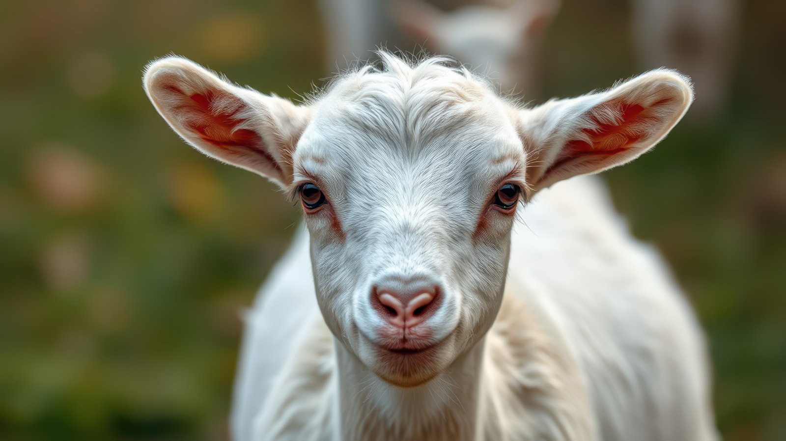 Cute white goat looking curiously at the camera in a green field during a sunny day
